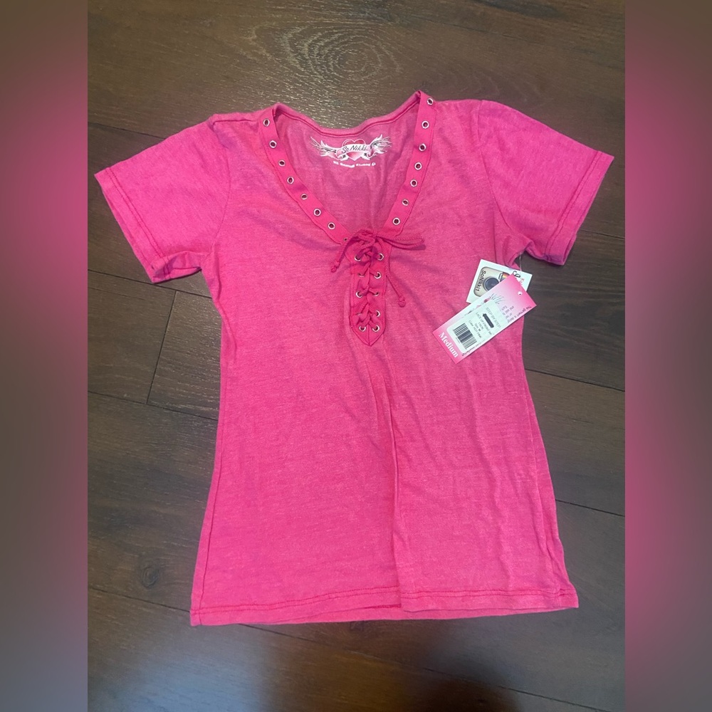 So Nikki girls T-shirt medium pink top shirt lace up new